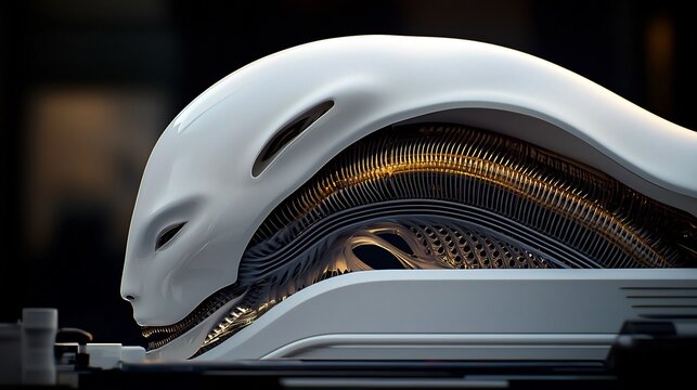 Sleek white alien head with intricate mechanical details.