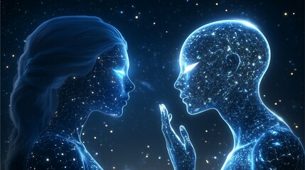 A majestic Andromedan starseed with iridescent blue skin, glowing white eyes, and cosmic tattoos, standing in a celestial nebula, cosmic,human alien,extraterrestrial