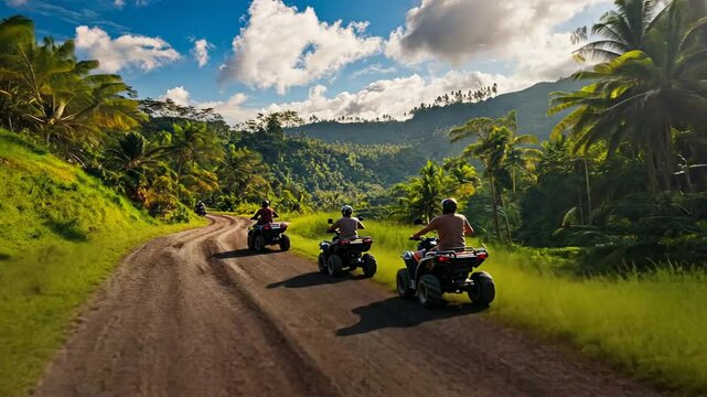 Three ATVs on dirt road through tropical valley, scenic landscape background