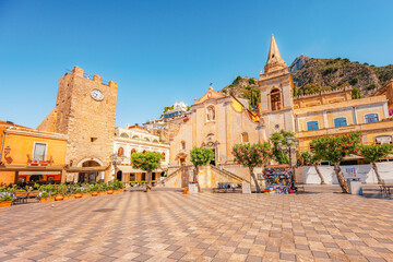 Cityscape of town of Taormina, Sicily with main square Piazza IX Aprile and San Giuseppe church