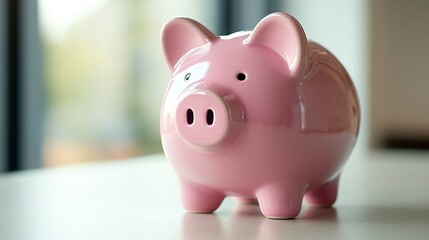 A playful and inviting piggy bank with a warm pink tone, its glossy surface adding depth, placed against a bright white backdrop for a clean and modern financial theme, telephoto mid-range shot 