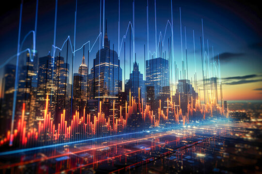 Futuristic financial market representation with glowing skyscrapers and dynamic data visualizations at dusk