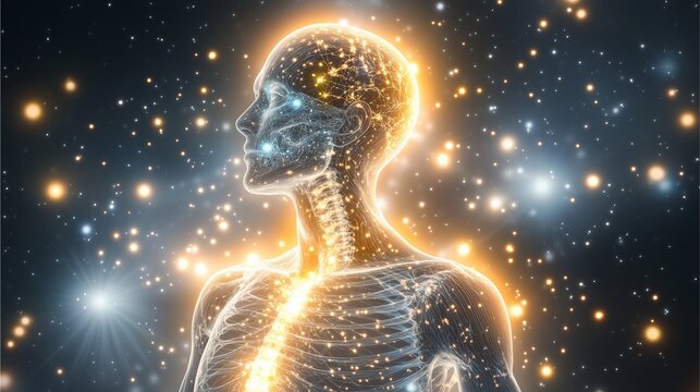 A tall, elegant alien starseed galaxy, with translucent glowing skin and telepathic energy radiating from their aura,cosmic,human alien