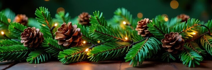 Luxurious garland; pine cones, twinkling lights, rich green, festive decoration, natural, interior design, seasonal