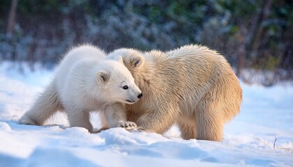 Two playful polar bear cubs tumble and roll in a snow-covered taiga, their fluffy white fur blending with the pristine winter landscape under soft light.