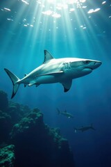 Naklejka premium Majestic great white patrols schooling fish below, swimming, aquatic