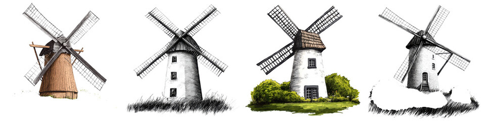 Iconic traditional windmills standing tall in a picturesque rural countryside setting surrounded by lush greenery and a serene pastoral atmosphere