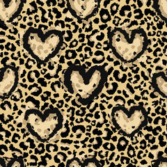 Leopard vector pattern with hearts. Seamless spotted animal skin texture. Natural fashion background for fabric and wild decor. Scattered spots in leopard style with spotted hearts.