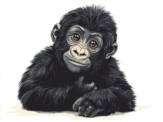 Fototapeta premium A playful little gorilla tilting its head curiously, its tiny hands resting on the ground, designed with smooth and soft vector lines, set against a pure white background. 