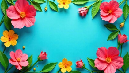 Overhead vibrant paper flowers, green leaves, blue backdrop, cheerful, bloom, art