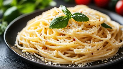 Close-up of tasty spaghetti with basil, cheese, and black pepper on dark plate. Perfect for food blog, menu design, or Italian cuisine article imagery.