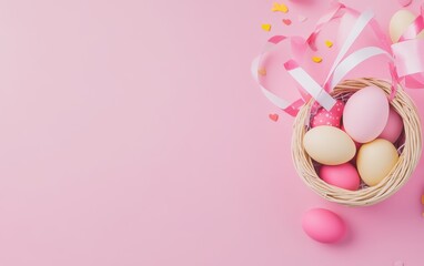 A colorful basket filled with eggs set against a soft pink background.