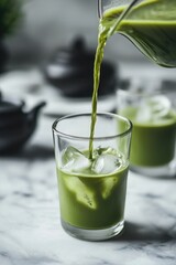 A green matcha latte being poured into a glass with ice, on a white marble countertop