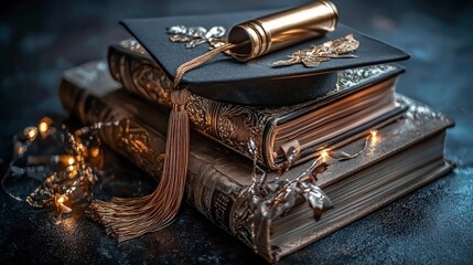 Graduation Cap  Books  Golden Tassel  Education Success Concept