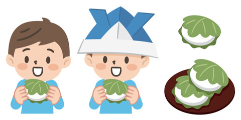 柏餅を食べる男の子のイラストセット
