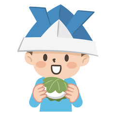 折り紙の兜を被り柏餅を食べる男の子のイラスト