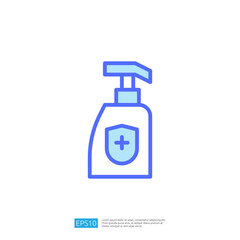 Flat Design Icon of Disinfectant Bottle with Pump for Hygiene and Cleanliness in Blue Colors with Cross Symbol for Safety