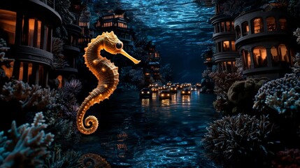 Fototapeta premium Seahorse adventure in underwater city aquatic realm digital art fantasy environment wide-angle view