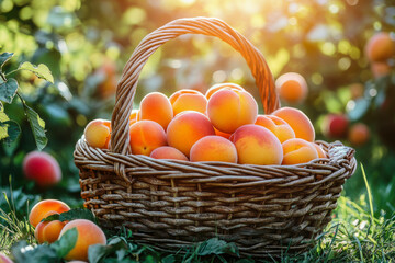 Fresh apricots in a woven basket on a rustic table set in a sunlit orchard during harvest season