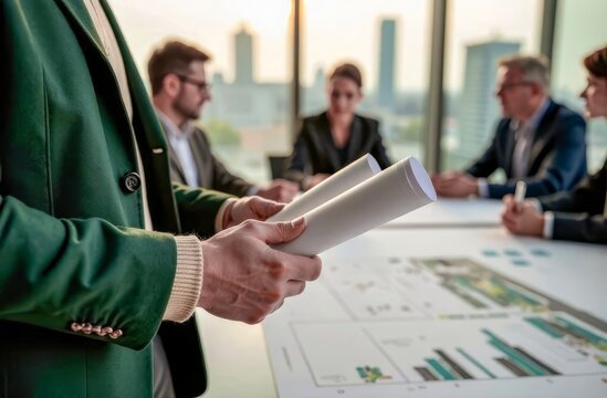 hands of an architect holding a rolled-up blueprint, ready for a client presentation. Background: a conference table with a group of professionals discussing a large-scale city project