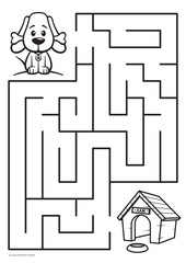 Vector black line printable maze. Format A4. Coloring book educational maze with cute cartoon a dog named Max looking for his house. Portrait size.
