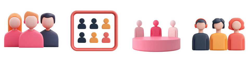 A collection of colorful stylized icons and avatars representing a diverse group of people in a or organization