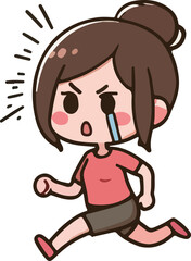 Cartoon woman character action, tired, emotions, running, walking, standing