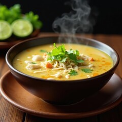 Steaming bowl of Tom Kha Gai, garnished with lime , galangal, food, dish