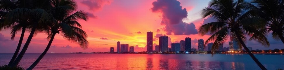 Fototapeta premium Stunning sunset over Miami's skyline, palm trees framing view, tropical, florida
