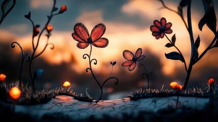 Colorful flowers blooming at sunset nature scene artistic creation tranquil environment close-up view beauty