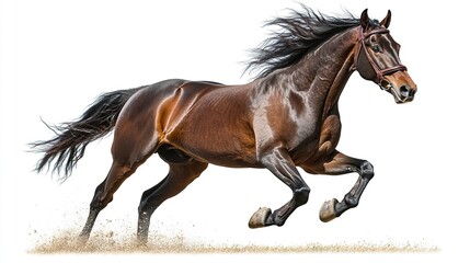 Fototapeta premium A powerful horse captured mid-gallop, its muscles flexed and mane flowing, isolated against a pure white background, dynamic telephoto shot. 