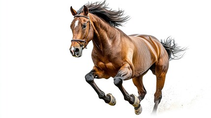 Obraz premium A powerful horse captured mid-gallop, its muscles flexed and mane flowing, isolated against a pure white background, dynamic telephoto shot 