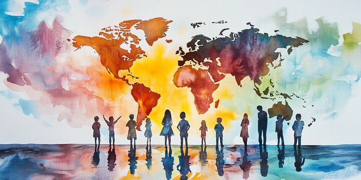 People Looking at World Map Watercolor Painting with Reflection