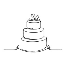 A simple, minimalistic, single-line drawing of wedding cake, created in a line art style. The design is clean and elegant, with smooth, flowing curves and no shading or additional details.