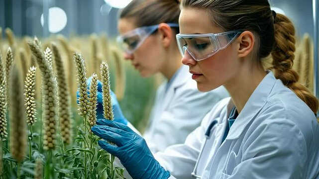 Amidst rows of green plants, scientists in white lab coats focus intently on their work. They analyze genetic traits of flowering plants, showcasing teamwork in a modern research facility.