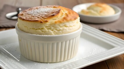 A delicious dessert served in a white dish, placed on a rustic wooden table