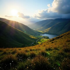 Fototapeta premium Sunlight on Bleaberry Fell's slopes, Lake District, image, hiking, vegetation