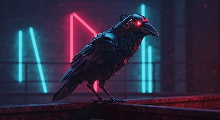 Cyberpunk Raven Perched Against Neon Lights Futuristic Animal Concept Art