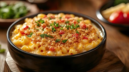 A hearty bowl of mac and cheese with a breadcrumb topping.