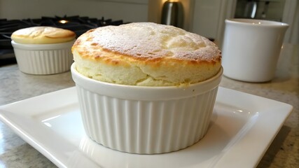 A tempting dessert in a white dish, beautifully arranged on a warm wooden table