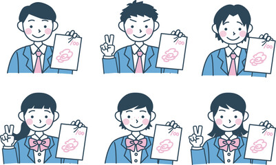 100点のテスト用紙を持ったブレザー制服の学生のイラストセット