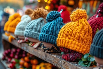 Colorful knit hats with pom-poms line a rustic wooden shelf at a market stall. Showcase handmade items or winter fashion designs for the holidays.