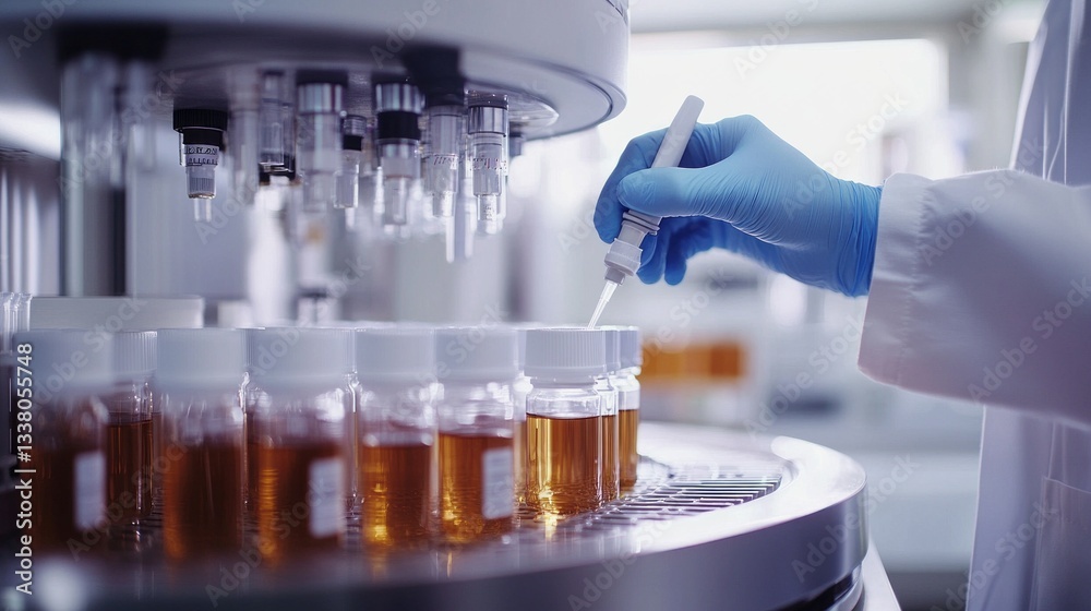 Poster a skilled scientist in a white lab coat carefully handles a pipette, transferring liquid into vials 