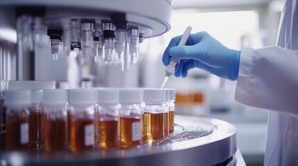 Fototapeta premium A skilled scientist in a white lab coat carefully handles a pipette, transferring liquid into vials during intricate experiments in a modern laboratory featuring advanced equipment