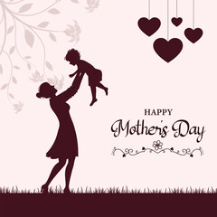 Happy Mother's Day, Loving Mother And Child Silhouette, Vector Illustration for Holiday Celebrations, Mother’s Day Background With Text, Gifts for Mother