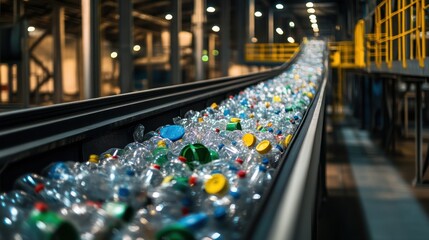 Plastic bottles on conveyor belt, industrial recycling plant interior scene. Show concepts like recycling, sustainability and environmental responsibility.