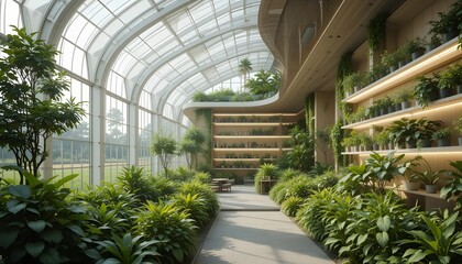 Indoor garden with lush greenery and modern architectural design.