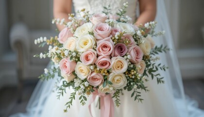 Wedding bouquet presentation outdoor venue floral arrangement romantic setting close-up view love and celebration