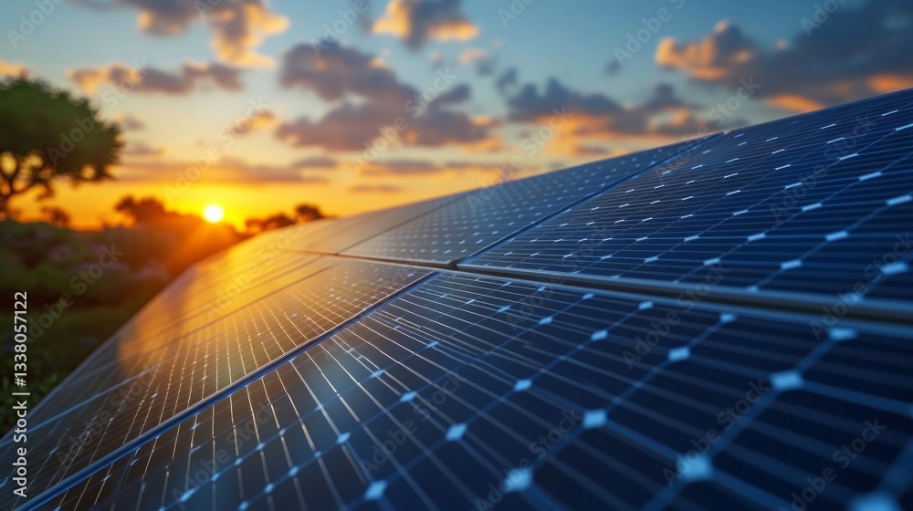 Poster as the sun sets on the horizon, solar panels glisten in the fading light, capturing the day's last r