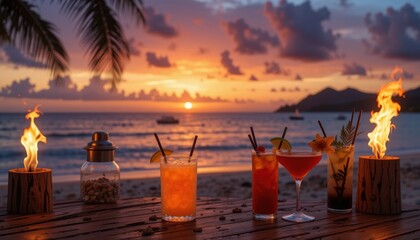Tropical sunset cocktail party beachfront social event relaxing atmosphere scenic view leisure concept